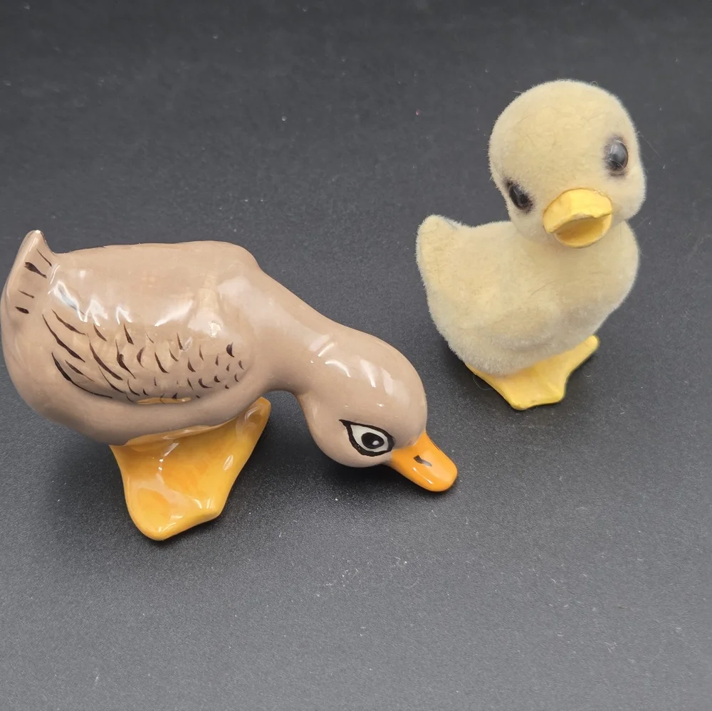 Vintage Inarco Flocked Duckling Figurine Japan & Ceramic Hand Painted Duck